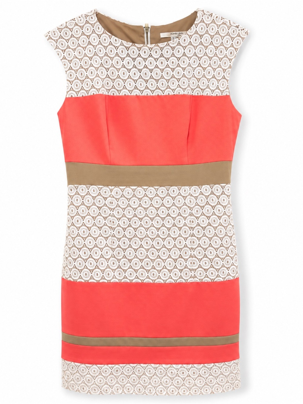 Studio One Coral and Cream Lace Sheath with Tan Waistband